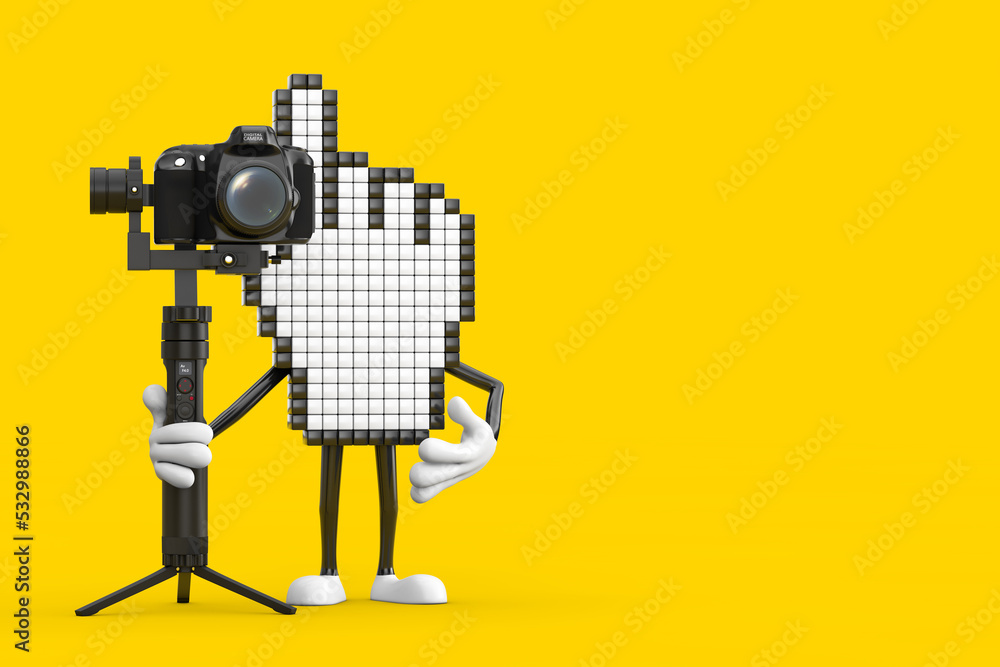 Leinwandbilder Pixel Hand Cursor Mascot Person Character with DSLR or Video Camera Gimbal Stabilization Tripod System. 3d Rendering
