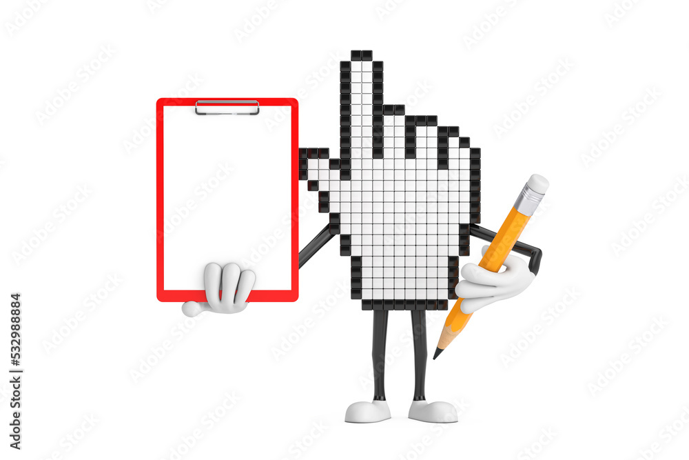 Poster pixel hand cursor mascot person character with red plastic clipboard, paper and pencil. 3d rendering