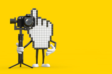 Pixel Hand Cursor Mascot Person Character with DSLR or Video Camera Gimbal Stabilization Tripod System. 3d Rendering