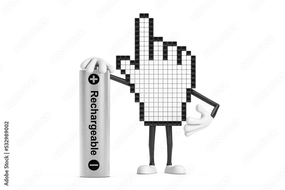 Poster pixel hand cursor mascot person character with rechargeable battery. 3d rendering