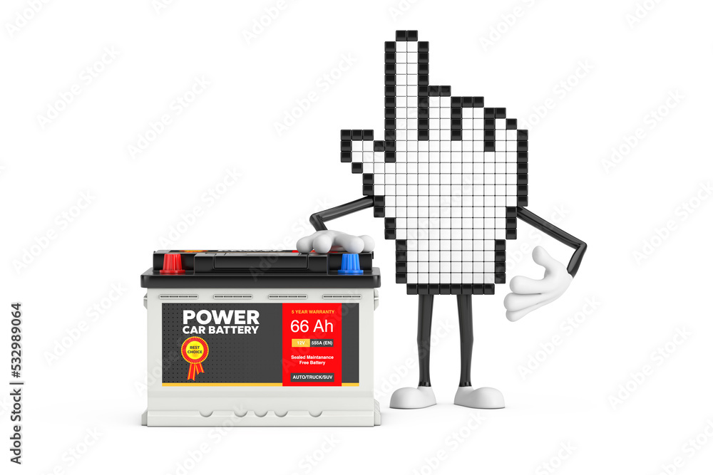 Poster pixel hand cursor mascot person character and rechargeable car battery 12v accumulator with abstract