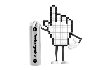 Pixel Hand Cursor Mascot Person Character with Rechargeable Battery. 3d Rendering