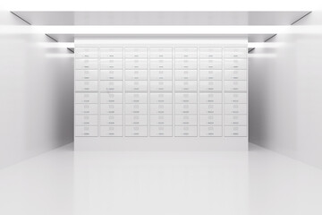 Safe Deposit Boxes Inside White Bank Vault Room. 3d Rendering