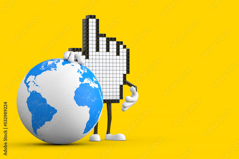 Poster pixel hand cursor mascot person character with earth globe. 3d rendering