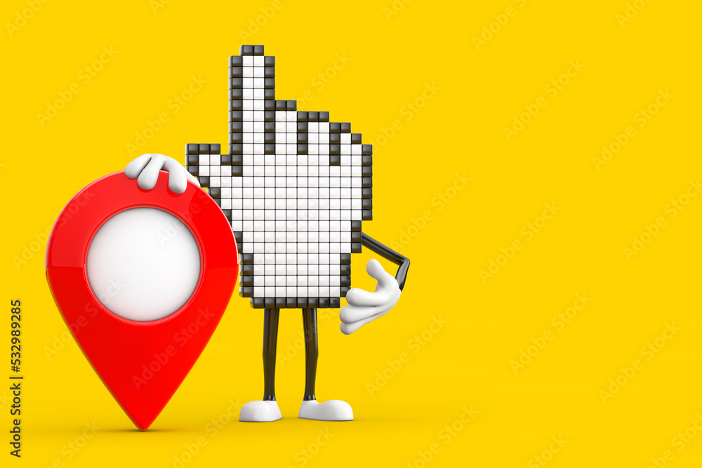 Poster Pixel Hand Cursor Mascot Person Character with Red Map Pointer Target Pin. 3d Rendering