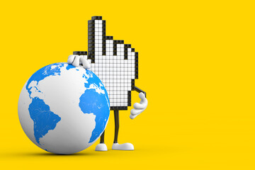 Pixel Hand Cursor Mascot Person Character with Earth Globe. 3d Rendering