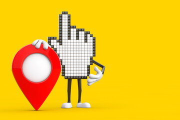 Pixel Hand Cursor Mascot Person Character with Red Map Pointer Target Pin. 3d Rendering
