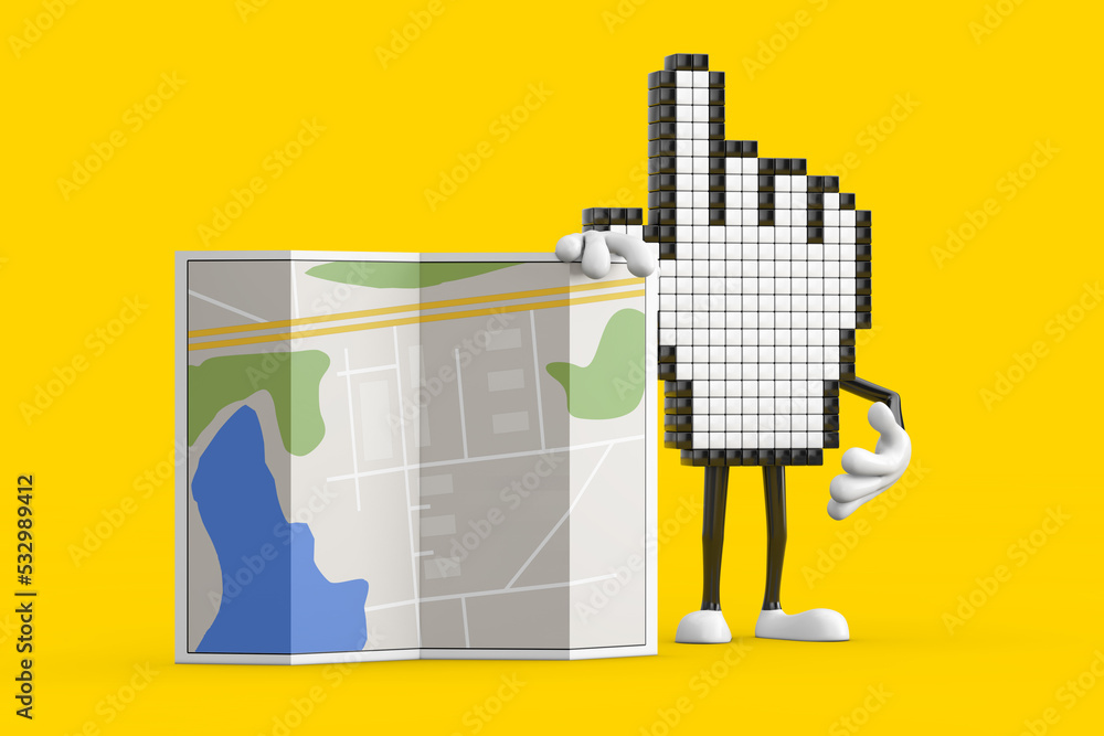Poster pixel hand cursor mascot person character with abstract city plan map. 3d rendering