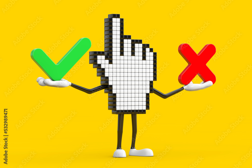 Fototapete Pixel Hand Cursor Mascot Person Character with Red Cross and Green Check Mark, Confirm or Deny, Yes or No Icon Sign. 3d Rendering