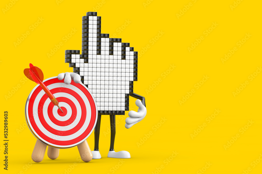 Poster pixel hand cursor mascot person character with archery target and dart in center. 3d rendering