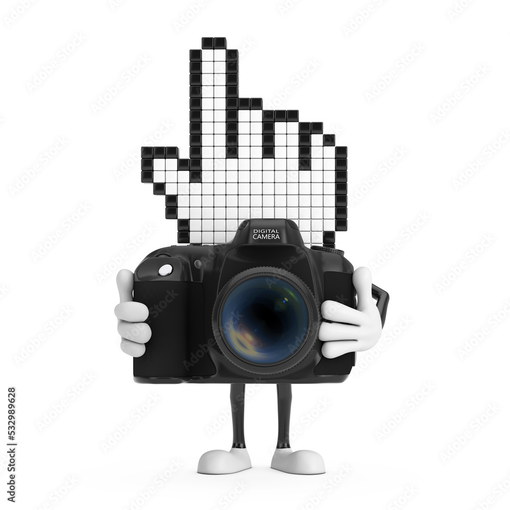 Poster pixel hand cursor mascot person character with modern digital photo camera. 3d rendering
