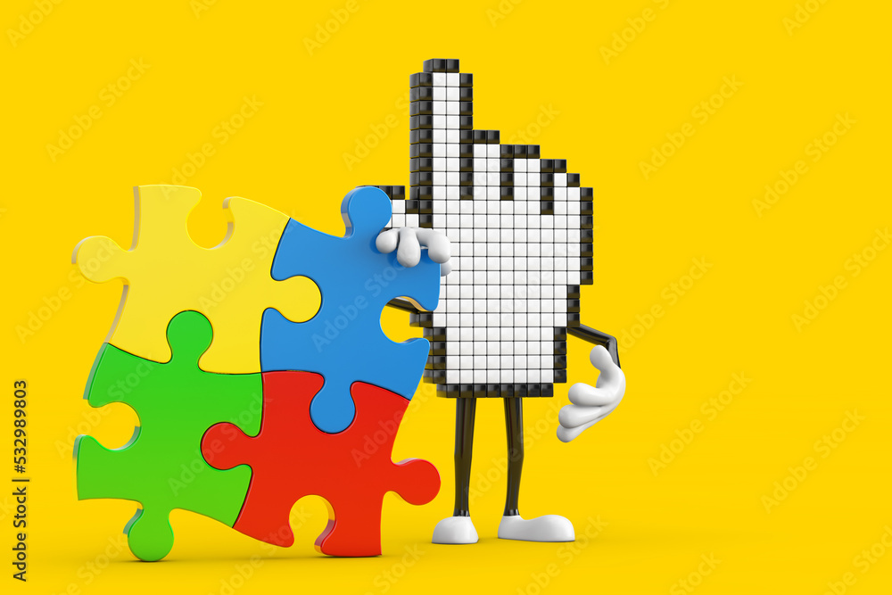 Poster pixel hand cursor mascot person character with four pieces of colorful jigsaw puzzle. 3d rendering