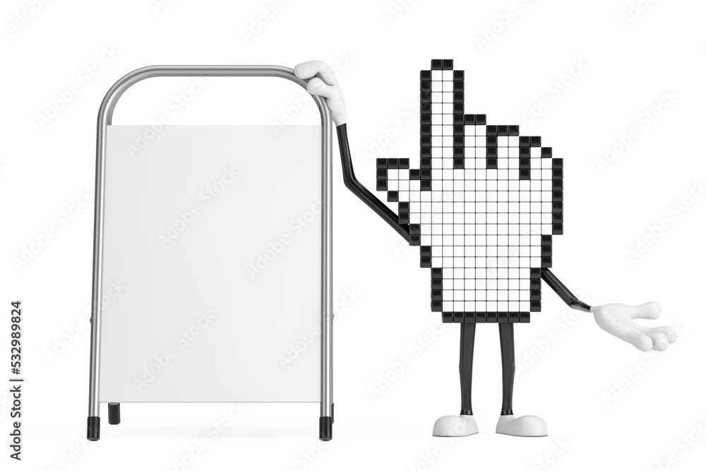 Poster pixel hand cursor mascot person character with white blank advertising promotion stand. 3d rendering