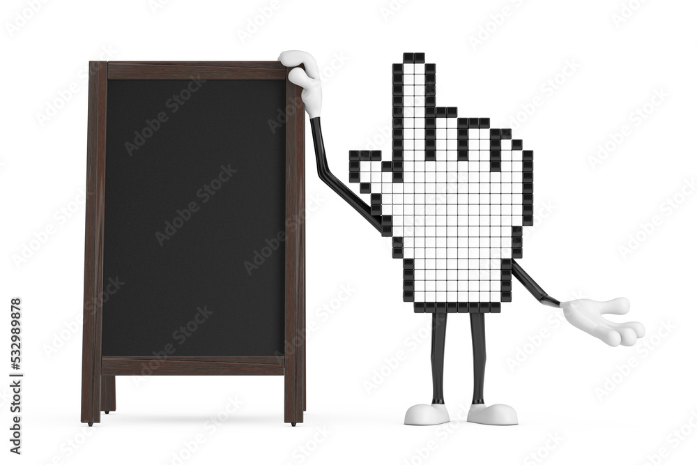 Aufkleber pixel hand cursor mascot person character with blank wooden menu blackboards outdoor display. 3d ren
