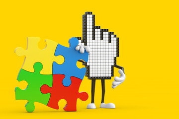 Pixel Hand Cursor Mascot Person Character with Four Pieces of Colorful Jigsaw Puzzle. 3d Rendering