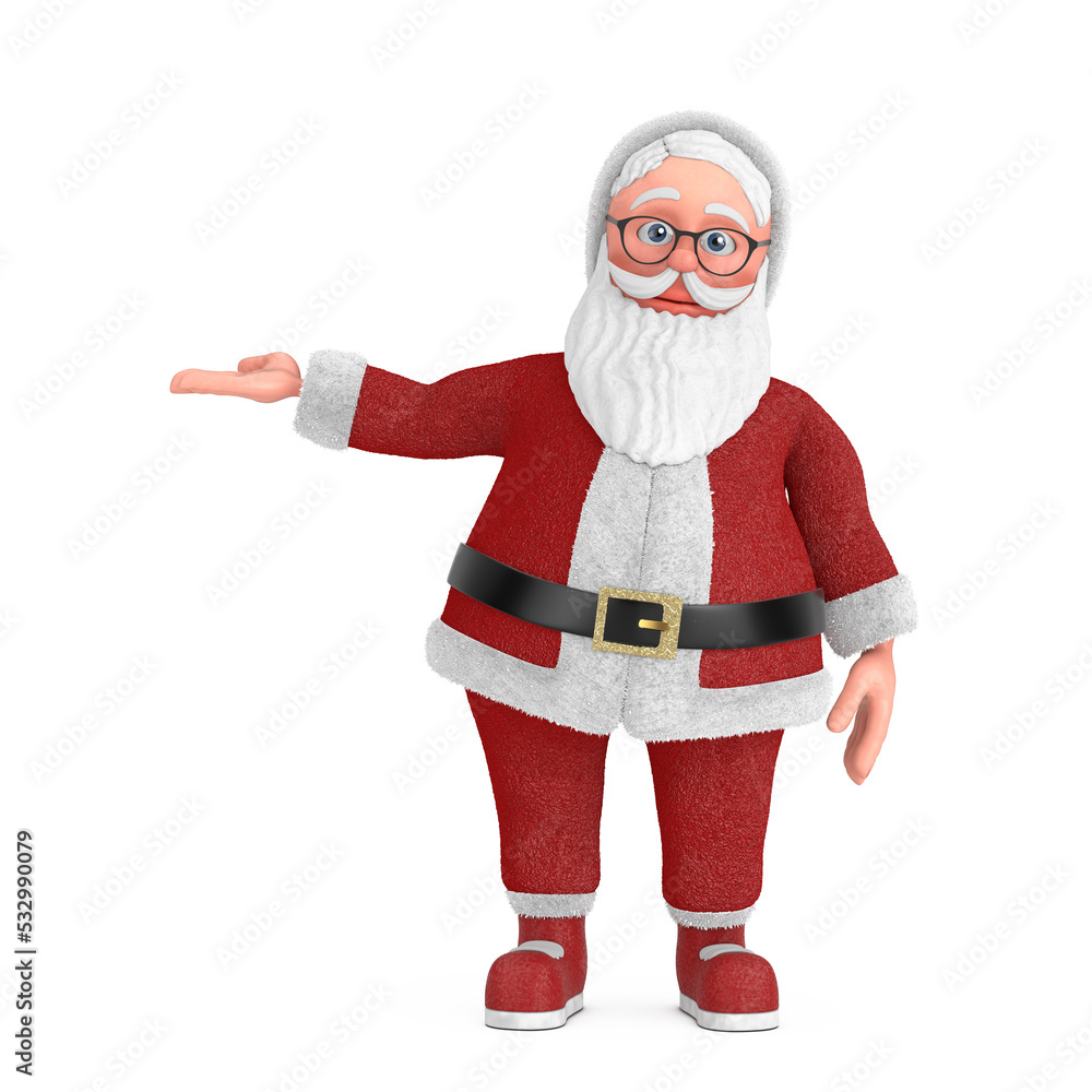 Poster happy christmas and new year greeting concept. cartoon cheerful santa claus granpa points an open pa