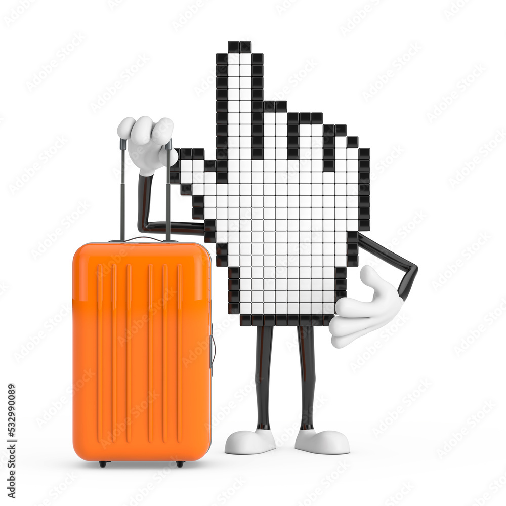 Aufkleber pixel hand cursor mascot person character with orange travel suitcase. 3d rendering