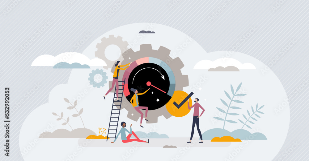 Poster optimization and business performance process improvement with adjustments tiny person concept. effe