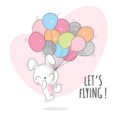 Flat cute animal bunny flying with balloon illustration for kids. Cute bunny character
