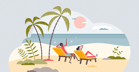 Retirement and retired young couple leisure at beach tiny person concept. Enjoy freedom at tropical resort vector illustration. Getaway rest holiday after work years. Happy characters sitting together