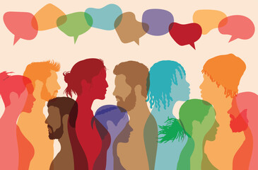 A network of people sharing ideas and exchanging information. A Crowd Talking and Dialogue group of a diverse and multiethnic group.