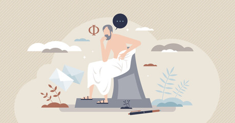 Philosophy as study about thinking and mind intelligence tiny person concept. Thought exploration with literature about ideology and ethics vector illustration. Civilization wisdom and greek culture.