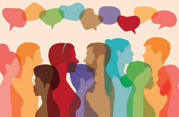 Cartoon character profile of a network. Diverse people of the community. Social networking information. People communicating in groups. Cloud of speech bubbles.