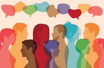 Talking and communicating among diversity of people. Social network concept. Coloured clouds. Multiethnic people talking.
