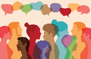 Speak discussion and Globalisation. Speech bubble and Dialogue group of different ethnic groups. Group of families. Multiethnic communication.