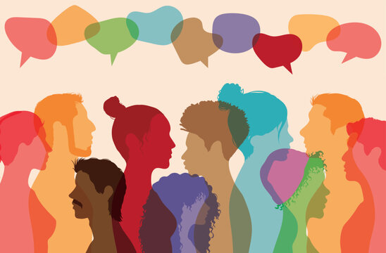 Speak discussion and Globalisation. Speech bubble and Dialogue group of different ethnic groups. Group of families. Multiethnic communication.