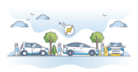 EV electric vehicle charging station with power sockets outline concept. Electricity for modern or nature friendly car battery vector illustration. Recharge low level automobiles with renewable energy