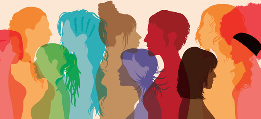 The concept of racial equality, anti-racism, and supporting other women. A woman in profile with multicultural and multiethnic women inside.