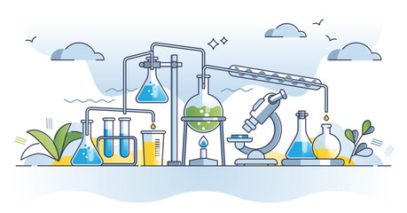 Chemical engineering science field research with experiment outline concept. Molecular or microscopic physics, chemistry and biology combination for chemicals and drugs development vector illustration