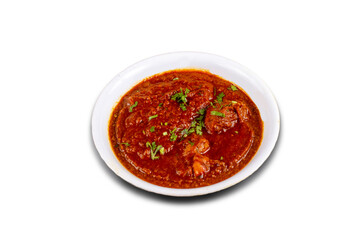 Spicy red chicken curry. Goan style chicken vindaloo. Butter chicken Murgh Makhani curry roast hot and spicy gravy dish Dhaba Punjab, India. North Indian non-vegetarian cuisine Garam Masala. tikka