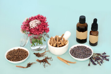 Adaptogen stress reducing herbs used natural herbal plant medicine with valerian root, ashwagandha...