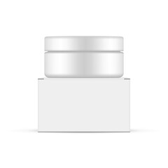 Plastic Cream Jar With and Paper Packaging Box, Front View, Isolated on White Background. Vector Illustration