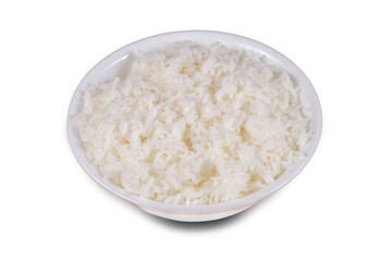 boiled rice Served in a bowl over white background. Selective focus.