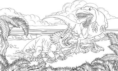 Dinosaur TRex Triceratops Scene Coloring Book Page © Christos Georghiou