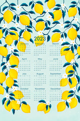 Calendar 2023 with lemons, lemon branches and flowers. For tea towel, poster, card for 2023. 1/4 yard	

