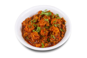 prawns salad Served in a bowl over white background. Selective focus.