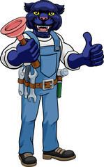 Panther Plumber Cartoon Mascot Holding Plunger