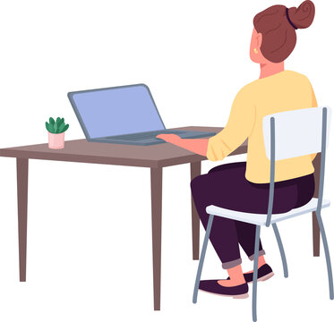 Woman at workplace semi flat color raster character. Sitting figure. Full body person on white. Remote job isolated modern cartoon style illustration for graphic design and animation