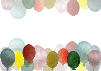 Frame of watercolor colorful balloons with texture for party, holiday, card, anniversary