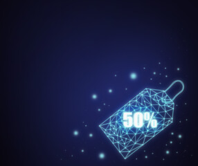 50% discount sticker on dark blue background in space, technological style with copy space. Polygonal, linear, space image of a discount with space for text.