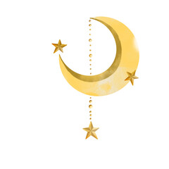 Hand drawn golden moon and star Illustration. Watercolor moon and stars drawing suitable for invitation, decoration, card, etc