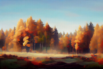 Colorful autumn forest in the morning against the blue sky. Artistic effect of painting with paints. Digital illustration