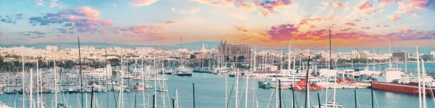 aerial spherical panoramic view of the famous cathedral with its harbor in Palma de Mallorca, Spain