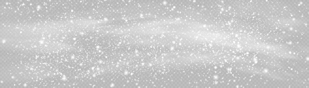 Many white cold flake elements. Magic Christmas eve snowfall. Xmas snowflakes in different shapes and forms. Falling Christmas shining transparent beautiful snow with snowdrifts. Vector illustration