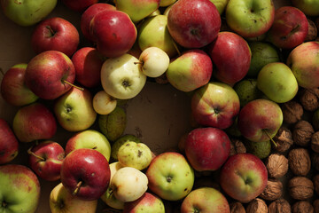 Many different apples, different varieties and sizes, a perfect frame with a round space inside. Fruit frame for text