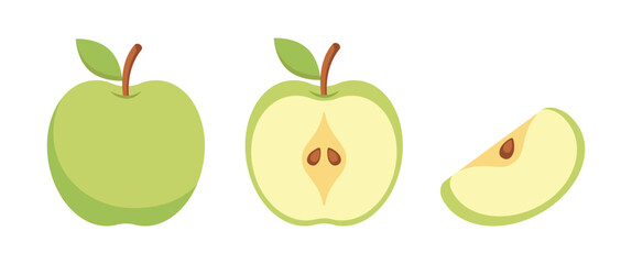 Green apple cartoon set. The whole, half and a piece.